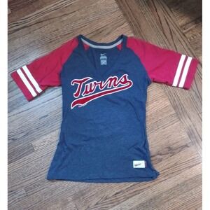 Nike Minnesota Twins Cooperstown Collection Raglan V-Neck T-Shirt Navy Red Small